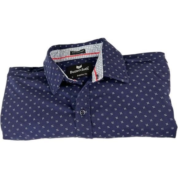 Other - Buttercloth Icy Cotton Performance Dress Shirt Mens Small Regular Fit Navy Print